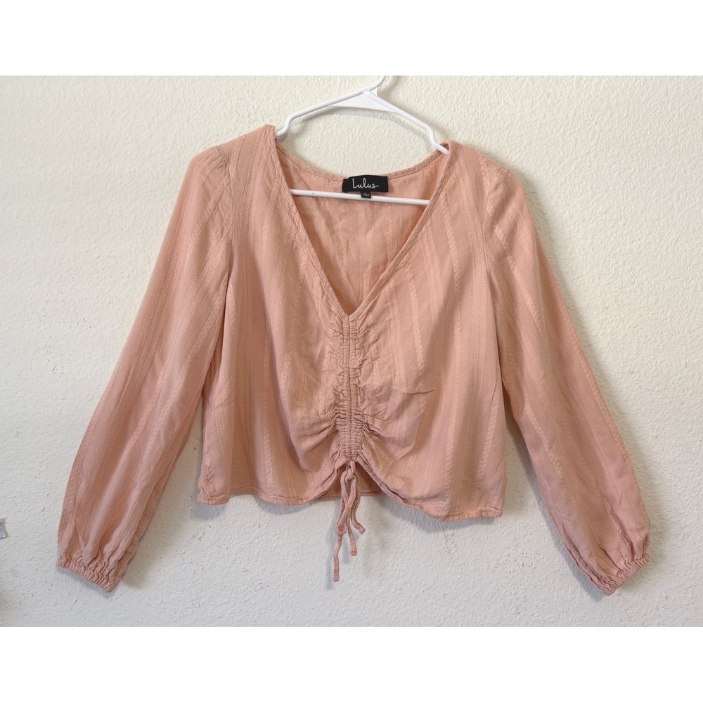 Lulus Blush Ruched Tie Front Blouse Womens‎ Small Romantic Chic Feminine